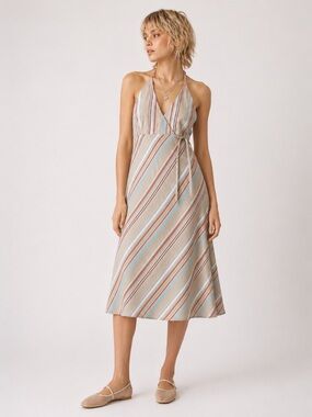Striped Cotton Halter Midi Dress in Neutral & Pastel Stripes